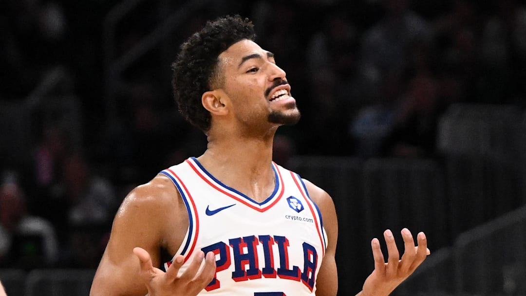 Apr 21, 2026; Boston, Massachusetts, USA; Philadelphia 76ers guard Quentin Grimes (5) reacts after making a three-point basket against the Boston Celtics in the first half of a game two of the first round of the 2026 NBA Playoffs at TD Garden. Mandatory Credit: Brian Fluharty-Imagn Images
