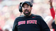 Ohio State Buckeyes head coach Ryan Day yells during the NCAA football game against the Rutgers Scarlet Knights at Ohio Stadium in Columbus on Nov. 22, 2025. Ohio State won 42-9.