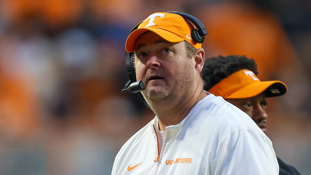 Nov 29, 2025; Knoxville, Tennessee, USA;  Tennessee Volunteers head coach Josh Heupel during the first half against the Vanderbilt Commodores at Neyland Stadium. Mandatory Credit: Randy Sartin-Imagn Images