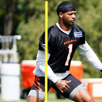 Cincinnati Bengals wide receiver Ja'Marr Chase (1) participates in drills during training, Wednesday, Sept. 4, 2024, at the Kettering Health Practice Fields outside of Paycor Stadium in Cincinnati.