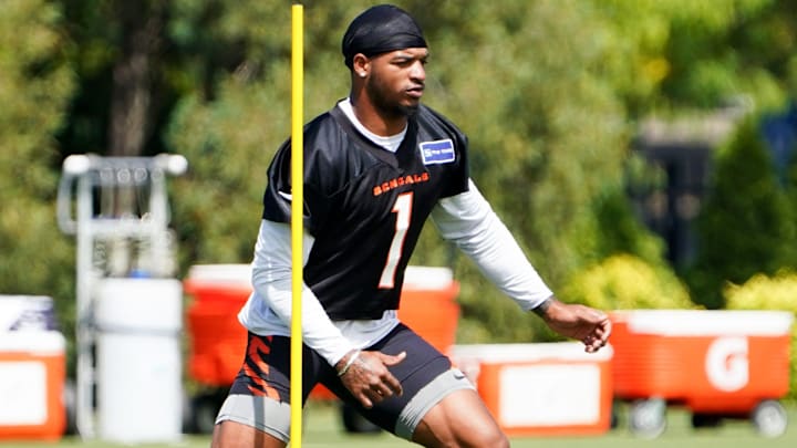 Cincinnati Bengals wide receiver Ja'Marr Chase (1) participates in drills during training, Wednesday, Sept. 4, 2024, at the Kettering Health Practice Fields outside of Paycor Stadium in Cincinnati.