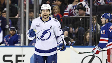 Nov 29, 2025; New York, New York, USA;  Tampa Bay Lightning left wing Brandon Hagel (38) reacts after scoring a goal in the first period against the New York Rangers at Madison Square Garden. Mandatory Credit: Wendell Cruz-Imagn Images