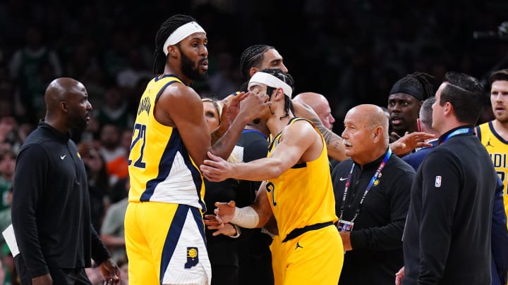 May 23, 2024; Boston, Massachusetts, USA; Indiana Pacers forward Isaiah Jackson (22) reacts after receiving a technical foul against the Boston Celtics in the first half during game two of the eastern conference finals for the 2024 NBA playoffs at TD Garden. Mandatory Credit: David Butler II-USA TODAY Sports