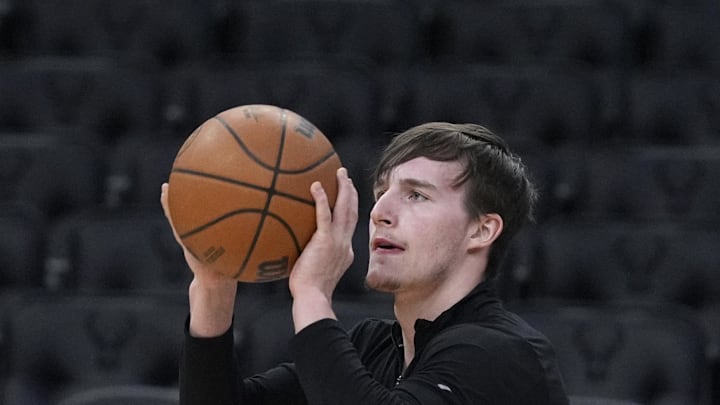New York Knicks guard Tyler Kolek puts up a shot during pregame warmups before a game against the Milwaukee Bucks. Mandatory Credit: Michael McLoone-Imagn Images