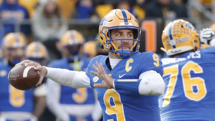 Nov 19, 2022; Pittsburgh, Pennsylvania, USA;  Pittsburgh Panthers quarterback Kedon Slovis (9) passes against the Duke Blue Devils during the third quarter at Acrisure Stadium. Pittsburgh won 28-26. Mandatory Credit: Charles LeClaire-USA TODAY Sports