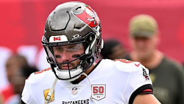Nov 9, 2025; Tampa, Florida, USA; Tampa Bay Buccaneers quarterback Baker Mayfield (6) warms up before a game against the New England Patriots at Raymond James Stadium. Mandatory Credit: Jonathan Dyer-Imagn Images