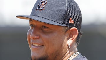 Apr 5, 2022; Tampa, Florida, USA; Detroit Tigers first baseman Miguel Cabrera (24) looks on during