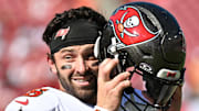 Oct 12, 2025; Tampa, Florida, USA; Tampa Bay Buccaneers quarterback Baker Mayfield (6) prepares to warm up before the start of the game  against the San Francisco 49ers at Raymond James Stadium. Mandatory Credit: Jonathan Dyer-Imagn Images