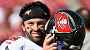 Oct 12, 2025; Tampa, Florida, USA; Tampa Bay Buccaneers quarterback Baker Mayfield (6) warms up before a game against the San Francisco 49ers at Raymond James Stadium. Mandatory Credit: Jonathan Dyer-Imagn Images