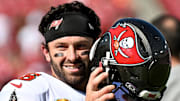 Oct 12, 2025; Tampa, Florida, USA; Tampa Bay Buccaneers quarterback Baker Mayfield (6) Mandatory Credit: Jonathan Dyer-Imagn Images