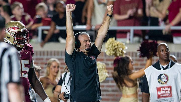 Florida State Seminoles head coach Mike Norvell celebrates a pick six. The Florida State Seminoles defeated the Southern Miss Golden Eagles on Saturday, Sept. 9, 2023.