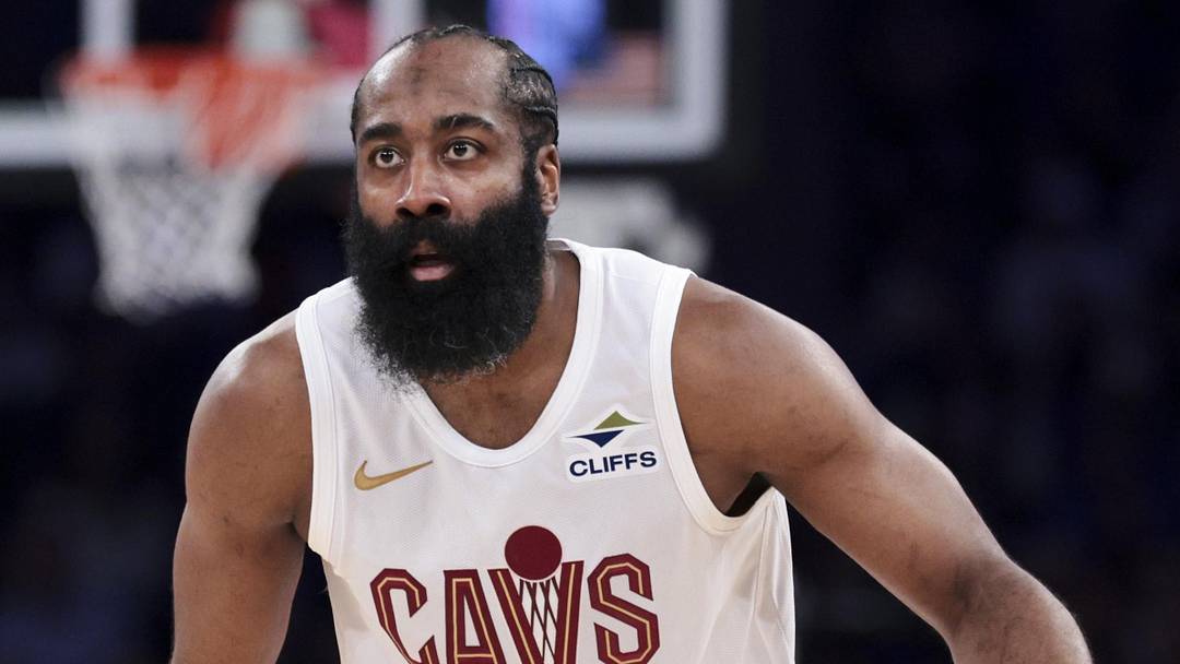 May 21, 2026; New York, New York, USA; Cleveland Cavaliers guard James Harden (1) controls the ball against the New York Knicks during the second quarter of game two of the eastern conference finals of the 2026 NBA playoffs at Madison Square Garden. Mandatory Credit: Vincent Carchietta-Imagn Images