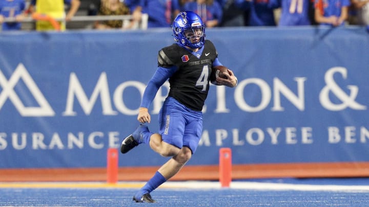 Oct 7, 2023; Boise, Idaho, USA; Boise State Broncos quarterback Maddux Madsen (4) during the second half against the San Jose State Spartans at Albertsons Stadium. Boise State defeats San Jose State 35-27. Mandatory Credit: Brian Losness-USA TODAY Sports

