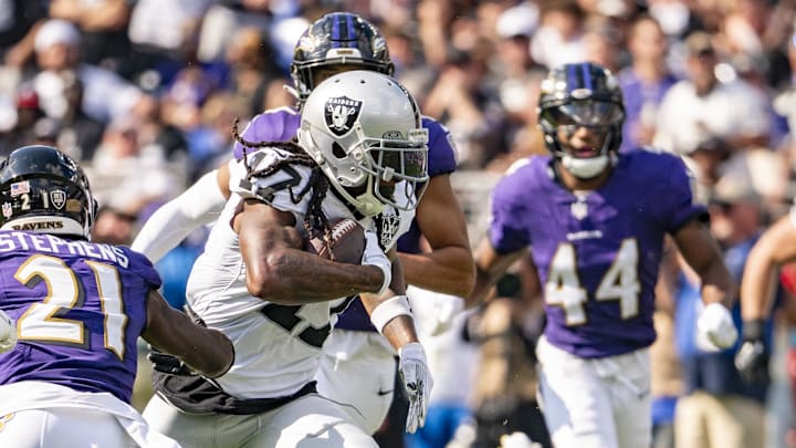 Sep 15, 2024; Baltimore, Maryland, USA; Las Vegas Raiders wide receiver Davante Adams (17) runs after the catch  during the second half against the Baltimore Ravens at M&T Bank Stadium. Mandatory Credit: Tommy Gilligan-Imagn Images