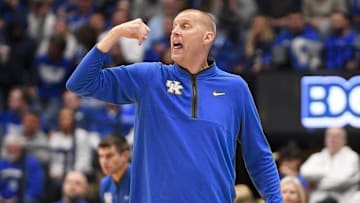 Dec 5, 2025; Nashville, TN, USA;  Kentucky Wildcats head coach Mark Pope yells to his team against the Gonzaga Bulldogs during the first half at Bridgestone Arena. Mandatory Credit: Steve Roberts-Imagn Images
