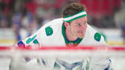 Feb 27, 2025; Raleigh, North Carolina, USA;  Carolina Hurricanes right wing Andrei Svechnikov (37) looks on before the game during the warmups against the Buffalo Sabres at Lenovo Center. Mandatory Credit: James Guillory-Imagn Images