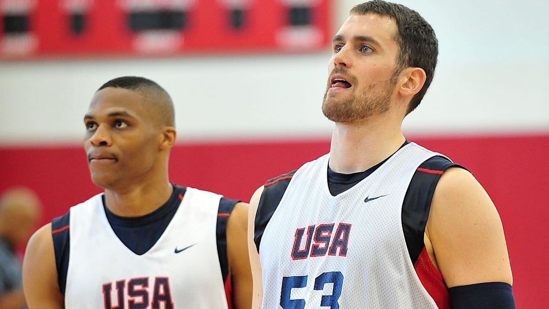 July 6, 2012; Las Vegas, NV, USA; Team USA guard Russell Westbrook and forward Kevin Love during practice at the UNLV Mendenhall Center. Mandatory Credit: Gary A. Vasquez-USA TODAY Sports