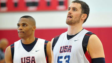 July 6, 2012; Las Vegas, NV, USA; Team USA guard Russell Westbrook and forward Kevin Love during practice at the UNLV Mendenhall Center. Mandatory Credit: Gary A. Vasquez-USA TODAY Sports