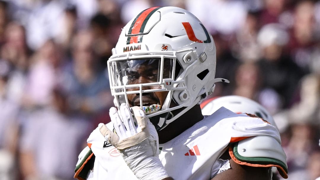 Dec 20, 2025; College Station, TX, USA; Miami Hurricanes defensive lineman Rueben Bain Jr. (4) looks on during the game between the Aggies and the Hurricanes at Kyle Field. Mandatory Credit: Jerome Miron-Imagn Images