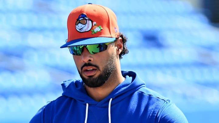 Feb 23, 2026; Dunedin, Florida, USA;  New York Mets right fielder MJ Melendez (1) before a spring training game against the Toronto Blue Jays at TD Ballpark. Mandatory Credit: Jonathan Dyer-Imagn Images