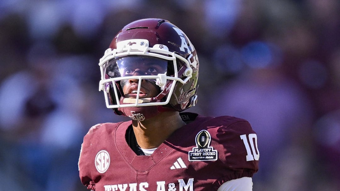 Dec 20, 2025; College Station, TX, USA; Texas A&M Aggies quarterback Marcel Reed (10) looks on during the game between the Aggies and the Hurricanes at Kyle Field. Mandatory Credit: Jerome Miron-Imagn Images