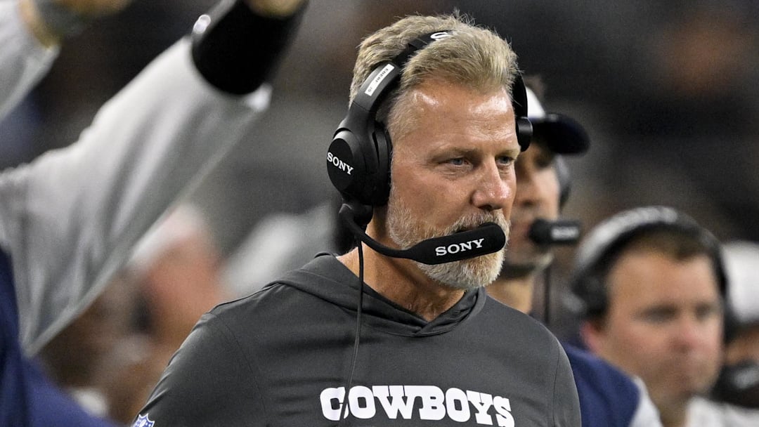 Aug 16, 2025; Arlington, Texas, USA; Dallas Cowboys defensive coordinator Matt Eberflus looks on during the game between the Dallas Cowboys and the Baltimore Ravens at AT&T Stadium. Mandatory Credit: Jerome Miron-Imagn Images