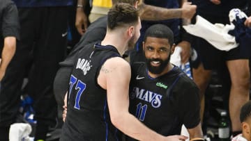 May 3, 2024; Dallas, Texas, USA; Dallas Mavericks guard Kyrie Irving (11) celebrates with guard Luka Doncic (77).