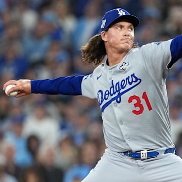 Oct 31, 2025; Toronto, Ontario, CAN; Los Angeles Dodgers pitcher Tyler Glasnow (31) throws a pitch in the ninth inning for game six of the 2025 MLB World Series at Rogers Centre. Mandatory Credit: Nick Turchiaro-Imagn Images