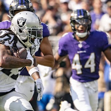 Sep 15, 2024; Baltimore, Maryland, USA; Las Vegas Raiders wide receiver Davante Adams (17) runs after the catch  during the second half against the Baltimore Ravens at M&T Bank Stadium. Mandatory Credit: Tommy Gilligan-Imagn Images