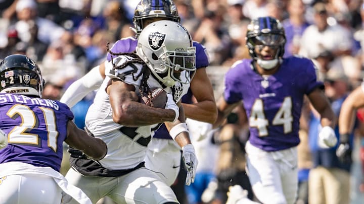 Sep 15, 2024; Baltimore, Maryland, USA; Las Vegas Raiders wide receiver Davante Adams (17) runs after the catch  during the second half against the Baltimore Ravens at M&T Bank Stadium. Mandatory Credit: Tommy Gilligan-Imagn Images