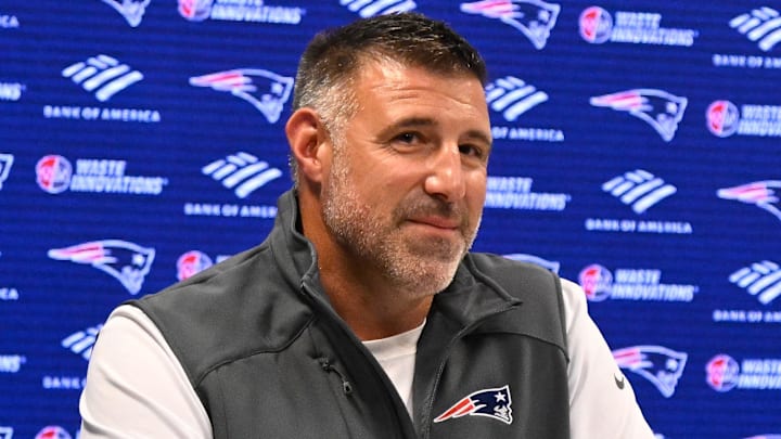 May 9, 2025; Foxborough, MA, USA;  New England Patriots head coach Mike Vrabel speaks the to media during a press conference at Gillette Stadium. Mandatory Credit: Eric Canha-Imagn Images