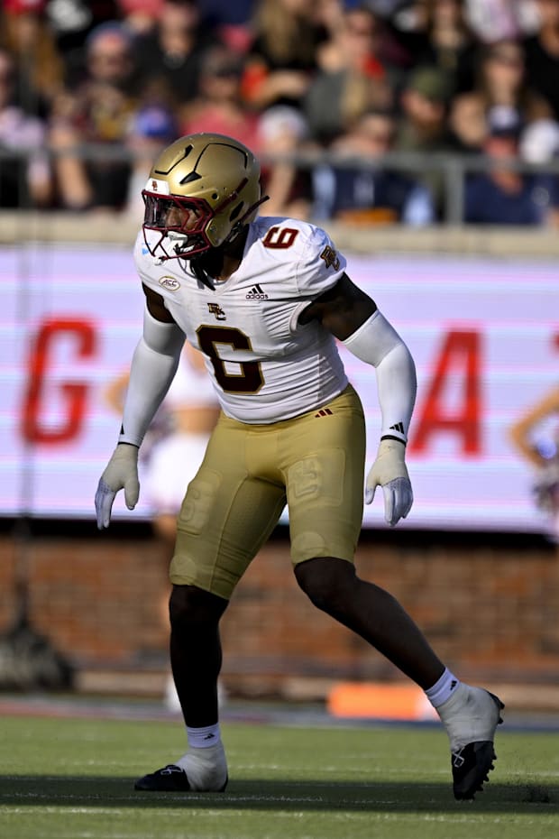Boston College Eagles defensive end Donovan Ezeiruaku in action during the game against the SMU Mustangs.