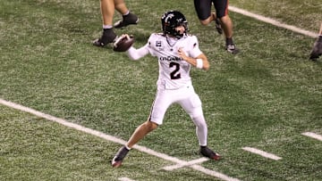 Nov 1, 2025; Salt Lake City, Utah, USA; Cincinnati Bearcats quarterback Brendan Sorsby (2) passes the ball against the Utah Utes during the third quarter at Rice-Eccles Stadium. Mandatory Credit: Rob Gray-Imagn Images