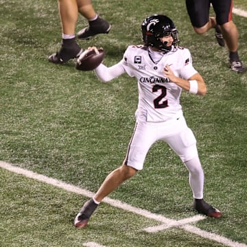 Nov 1, 2025; Salt Lake City, Utah, USA; Cincinnati Bearcats quarterback Brendan Sorsby (2) passes the ball against the Utah Utes during the third quarter at Rice-Eccles Stadium. Mandatory Credit: Rob Gray-Imagn Images