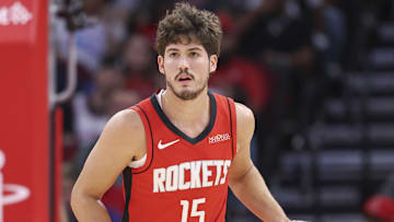 Oct 23, 2024; Houston, Texas, USA; Houston Rockets guard Reed Sheppard (15) in action during the game against the Charlotte Hornets at Toyota Center. Mandatory Credit: Troy Taormina-Imagn Images
