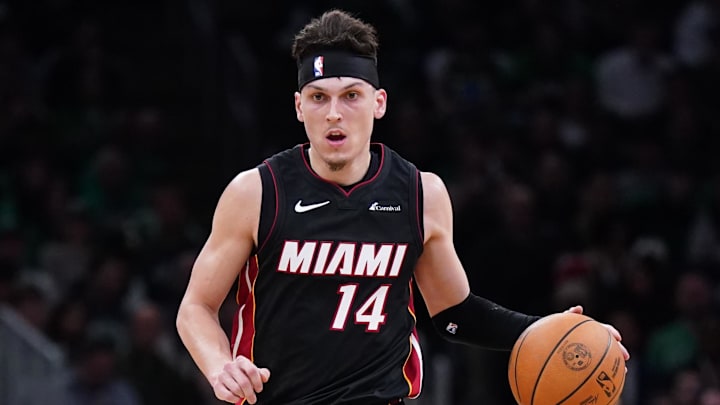 Apr 24, 2024; Boston, Massachusetts, USA; Miami Heat guard Tyler Herro (14) returns the ball against the Boston Celtics in the first quarter during game two of the first round for the 2024 NBA playoffs at TD Garden. Mandatory Credit: David Butler II-Imagn Images