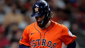 Houston Astros second baseman Brendan Rodgers (1) crosses home plate to score a run against the Cincinnati Reds during the fifth inning at Daikin Park.