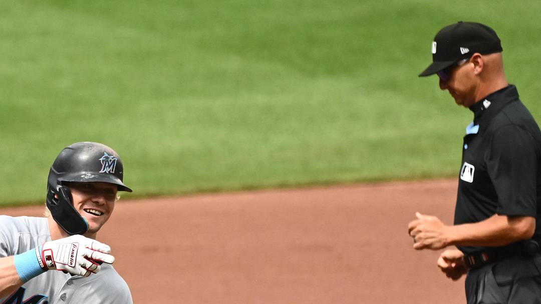 Jul 13, 2025; Baltimore, Maryland, USA;  Miami Marlins left fielder Kyle Stowers (28) rounds the bases on a home run during the second inning against the Baltimore Orioles at Oriole Park at Camden Yards. 