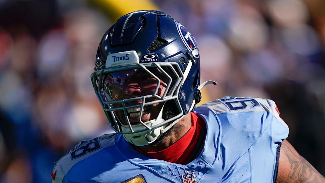 Tennessee Titans defensive tackle Jeffery Simmons celebrates his safety against the Kansas City Chiefs