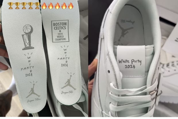 White and grey Air Jordan sneakers.