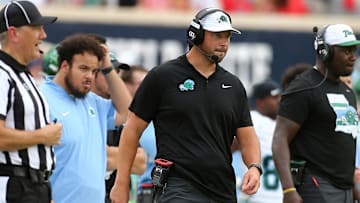 Sep 20, 2025; Oxford, Mississippi, USA; Tulane Green Wave head coach Jon Sumrall looks on during the second quarter against the Mississippi Rebels at Vaught-Hemingway Stadium. Mandatory Credit: Petre Thomas-Imagn Images