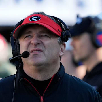 Georgia coach Kirby Smart reacts during the first half of a NCAA college football game against Massachusetts in Athens, Ga., on Saturday, Nov. 23, 2024.