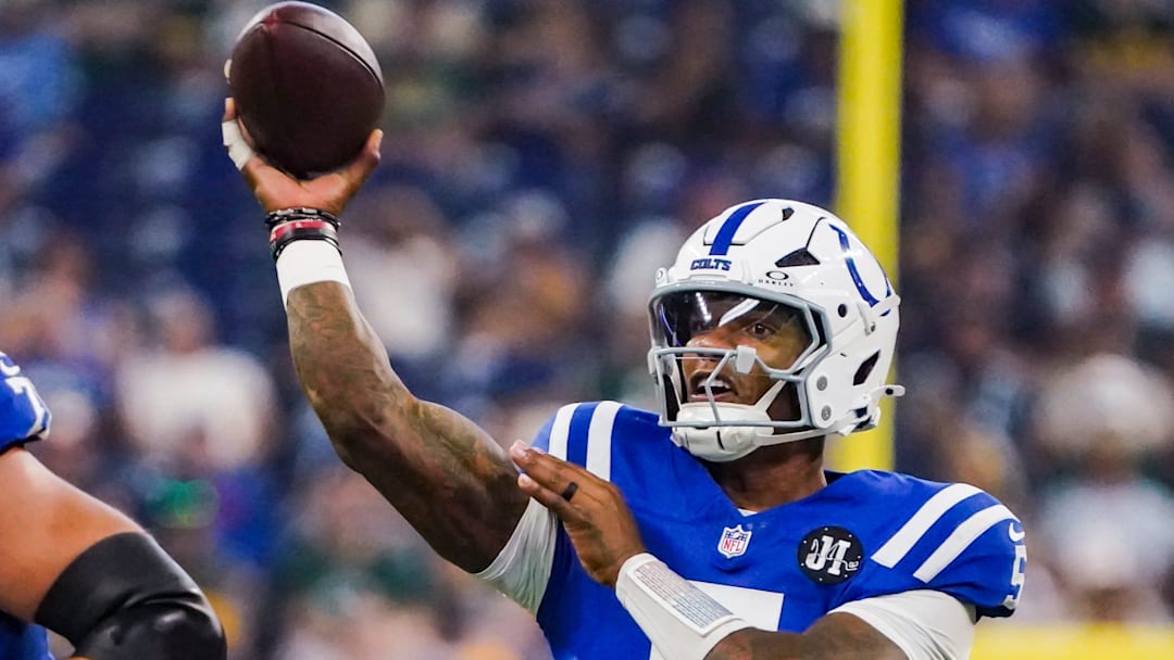 Indianapolis Colts quarterback Anthony Richardson Sr. (5) passes the ball on Saturday, Aug. 16, 2025, during a game against the Green Bay Packers at Lucas Oil Stadium in Indianapolis.