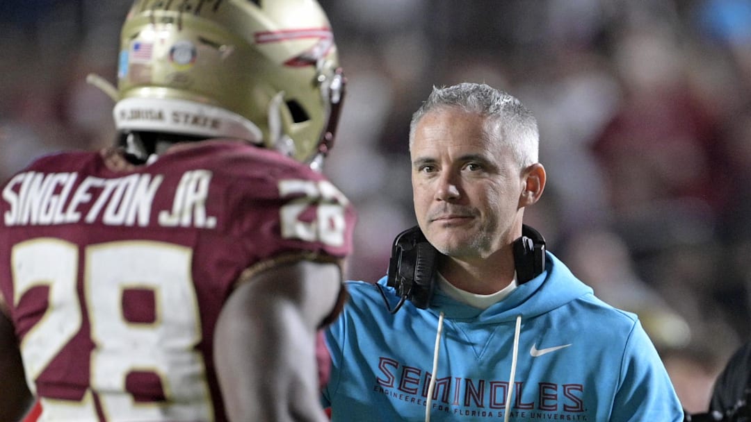 Nov 1, 2025; Tallahassee, Florida, USA; Florida State Seminoles head coach Mike Norvell celebrates a touchdown during the fourth quarter against the Wake Forest Demon Deacons at Doak S. Campbell Stadium. Mandatory Credit: Melina Myers-Imagn Images