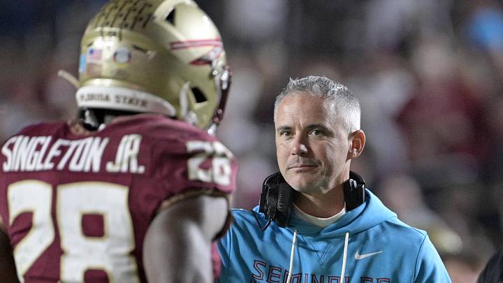 Nov 1, 2025; Tallahassee, Florida, USA; Florida State Seminoles head coach Mike Norvell celebrates a touchdown during the fourth quarter against the Wake Forest Demon Deacons at Doak S. Campbell Stadium. Mandatory Credit: Melina Myers-Imagn Images