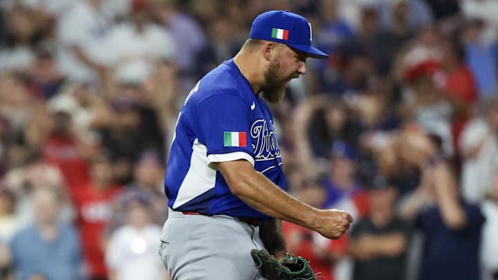 Mar 10, 2026; Houston, TX, United States; Italy pitcher Greg Weissert (57) reacts after Italy defeated the United States at Daikin Park. Mandatory Credit: Thomas Shea-Imagn Images