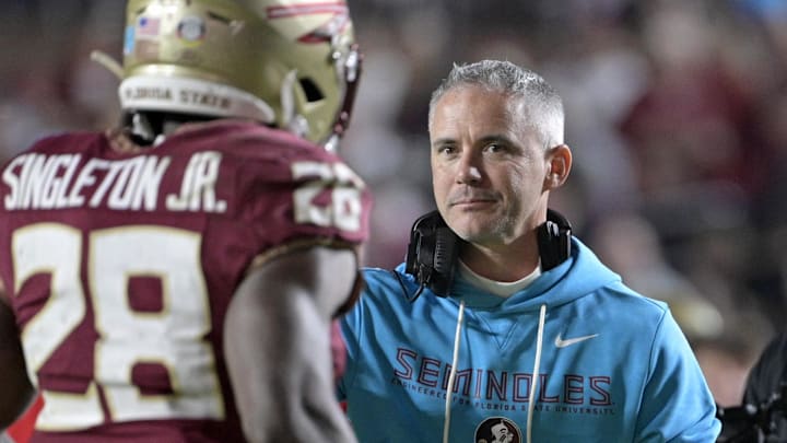 Nov 1, 2025; Tallahassee, Florida, USA; Florida State Seminoles head coach Mike Norvell celebrates a touchdown during the fourth quarter against the Wake Forest Demon Deacons at Doak S. Campbell Stadium. Mandatory Credit: Melina Myers-Imagn Images