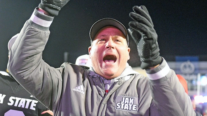 Jacksonville State Head Coach Rich Rodriguez celebrates his team winning the C-USA Championship at AmFirst Stadium in Jacksonville, Alabama , Alabama December 6, 2024. Jacksonville State defeated Western Kentucky 52 - 12. (Dave Hyatt / Hyatt Media LLC)