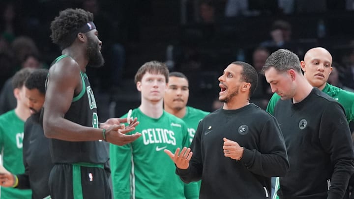 Apr 5, 2026; Boston, Massachusetts, USA; Boston Celtics head coach Joe Mazzulla speaks with Boston Celtics center Neemias Queta (88) at a break during the first half against the Toronto Raptors at TD Garden. Mandatory Credit: Gregory Fisher-Imagn Images