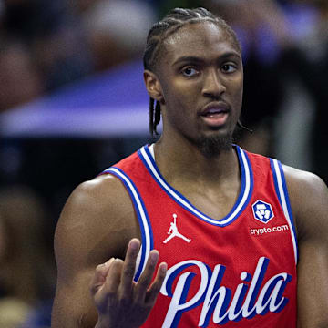 Nov 22, 2024; Philadelphia, Pennsylvania, USA; Philadelphia 76ers guard Tyrese Maxey (0) reacts to  his three pointer against the Brooklyn Nets during the first quarter at Wells Fargo Center. Mandatory Credit: Bill Streicher-Imagn Images